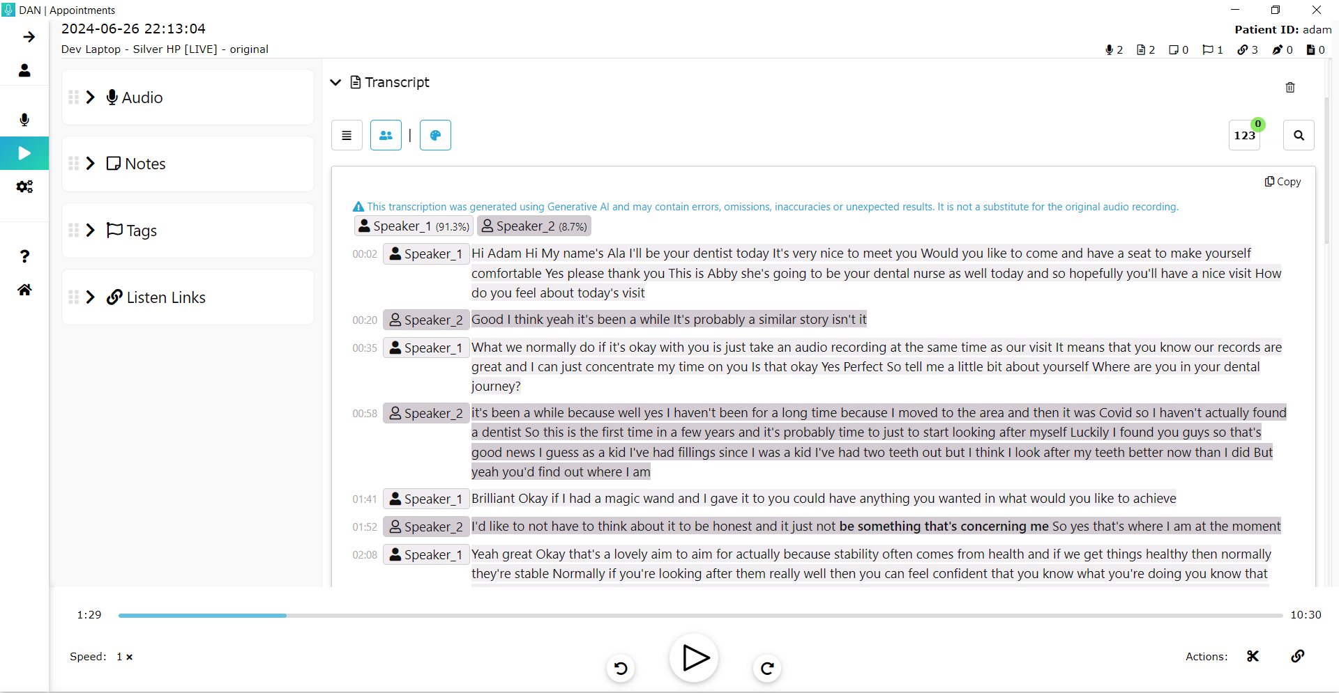 DAN retranscription audio dentiste screenshot